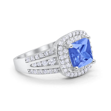 Halo Wedding Ring Princess Simulated Tanzanite CZ 925 Sterling Silver
